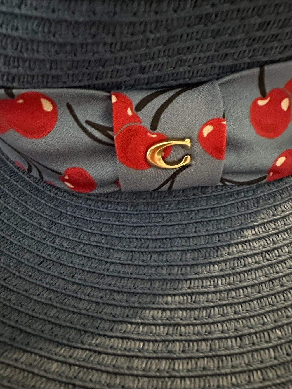 Coach Blue Straw Wide-Brim Hat with Cherry Band